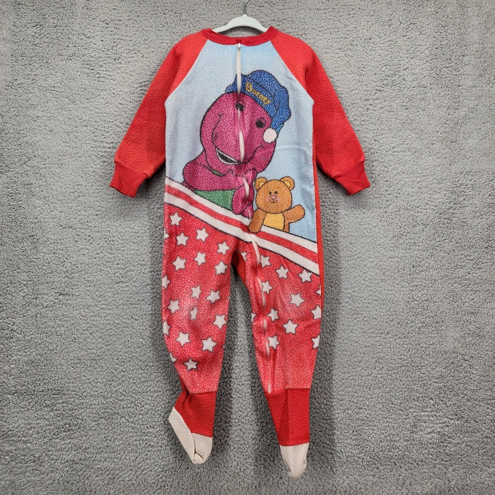 Vintage 90s Barney the Dinosaur Fleece Footed Pajamas Red Stars Size 4T USA